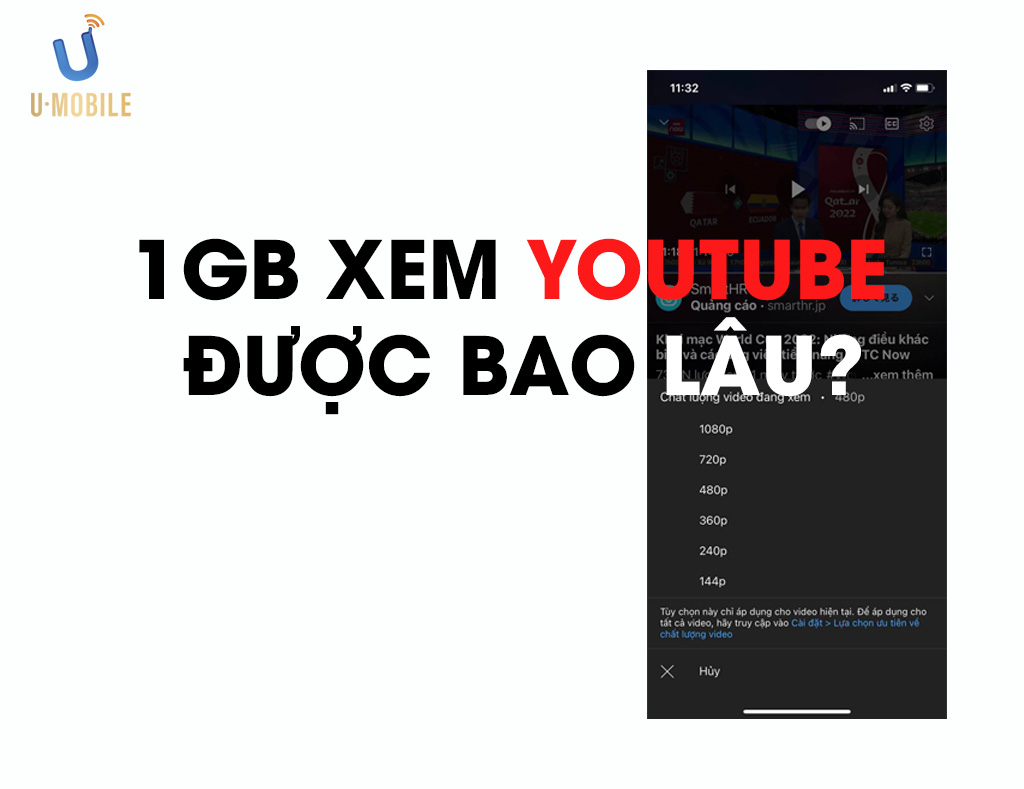 Với mỗi 1GB (1024 MB) có thể xem youtube được bao lâu?